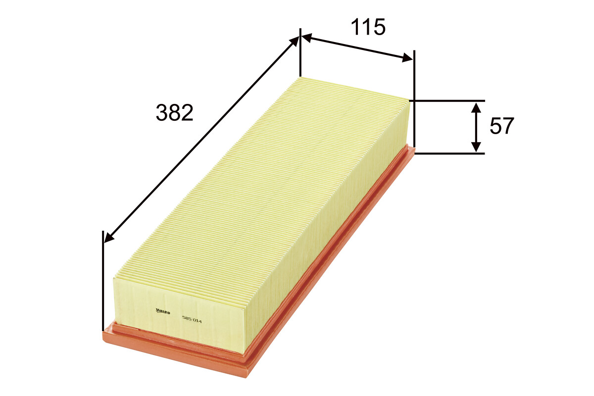 VALEO Luftfilter 585014 Filterindsats length_mm_203|Længde [mm]|381 width_mm_206|Bredde [mm]|115 height_mm_209|Højde [mm]|58 weight_kg_212|Vægt [kg]|0