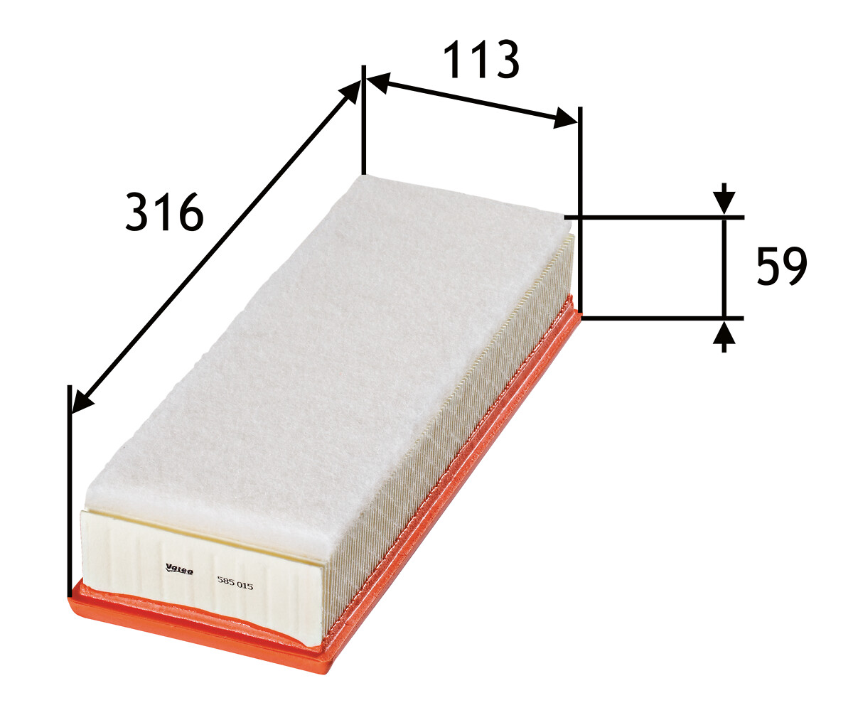 VALEO Luftfilter 585015 Filterindsats length_mm_203|Længde [mm]|317 width_mm_206|Bredde [mm]|114 height_mm_209|Højde [mm]|59 supplementary_articleinfo