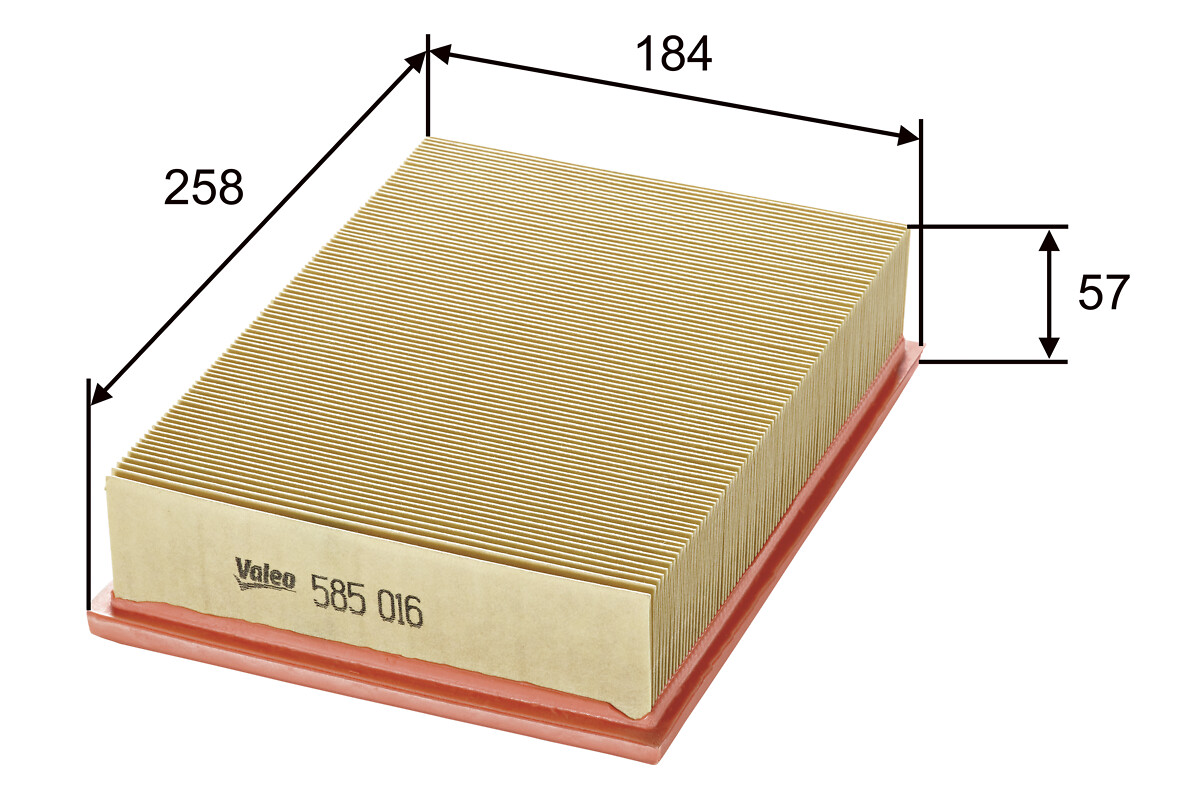 VALEO Luftfilter 585016 Filterindsats length_mm_203|Længde [mm]|257 width_mm_206|Bredde [mm]|184 height_mm_209|Højde [mm]|57 weight_kg_212|Vægt [kg]|0