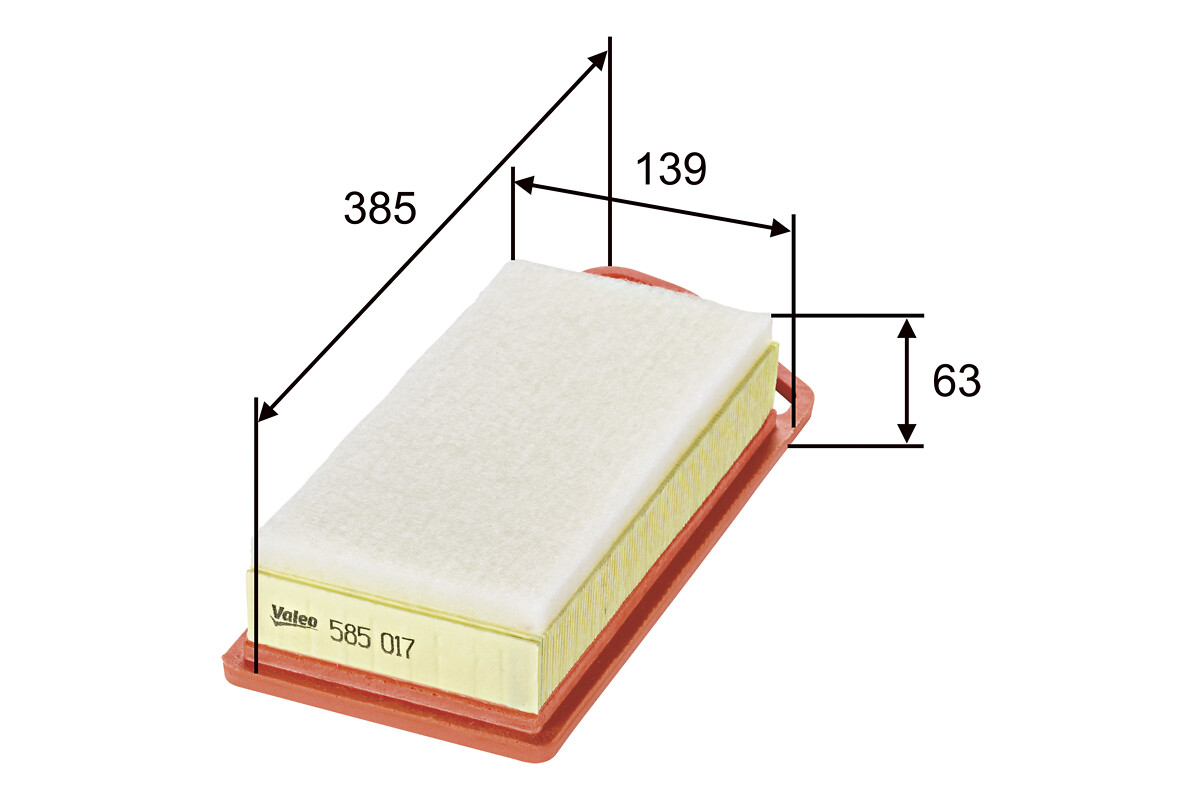 VALEO Luftfilter 585017 Filterindsats length_mm_203|Længde [mm]|384 width_mm_206|Bredde [mm]|140 height_mm_209|Højde [mm]|65 supplementary_articleinfo