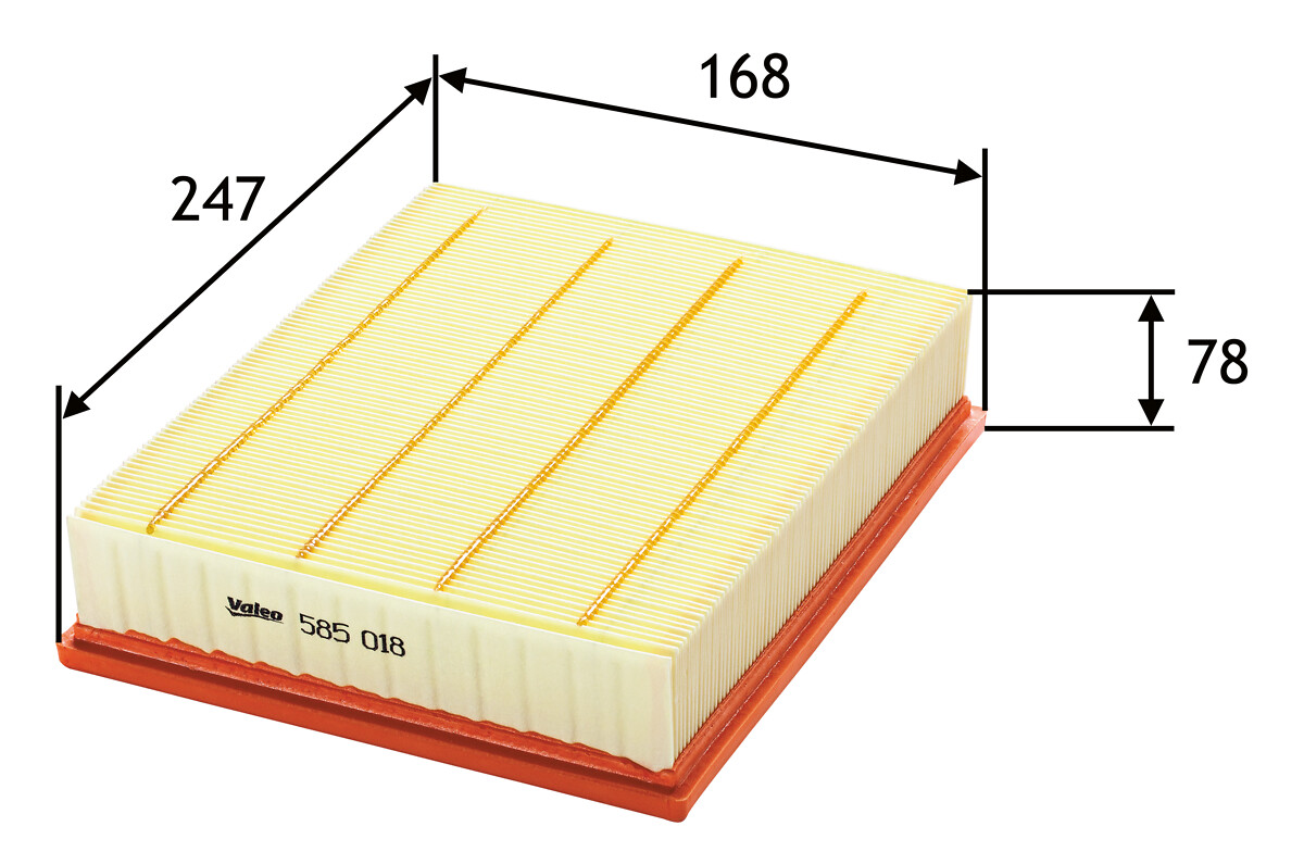 VALEO Luftfilter 585018 Filterindsats length_mm_203|Længde [mm]|253 width_mm_206|Bredde [mm]|213 height_mm_209|Højde [mm]|55 supplementary_articleinfo