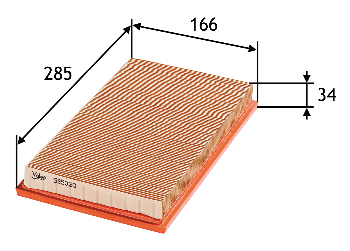 VALEO Luftfilter 585020 Filterindsats length_mm_203|Længde [mm]|286 width_mm_206|Bredde [mm]|168 height_mm_209|Højde [mm]|33 weight_kg_212|Vægt [kg]|0