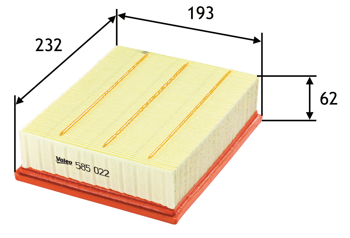 VALEO Luftfilter 585022 Filterindsats length_mm_203|Længde [mm]|231 width_mm_206|Bredde [mm]|194 height_mm_209|Højde [mm]|58 weight_kg_212|Vægt [kg]|0