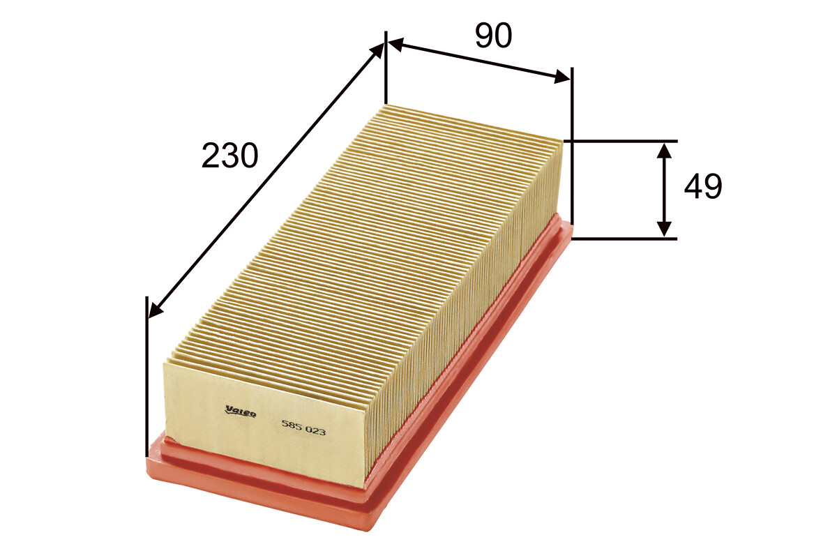VALEO Luftfilter 585023 Filterindsats length_mm_203|Længde [mm]|230 width_mm_206|Bredde [mm]|90 height_mm_209|Højde [mm]|48 weight_kg_212|Vægt [kg]|0,