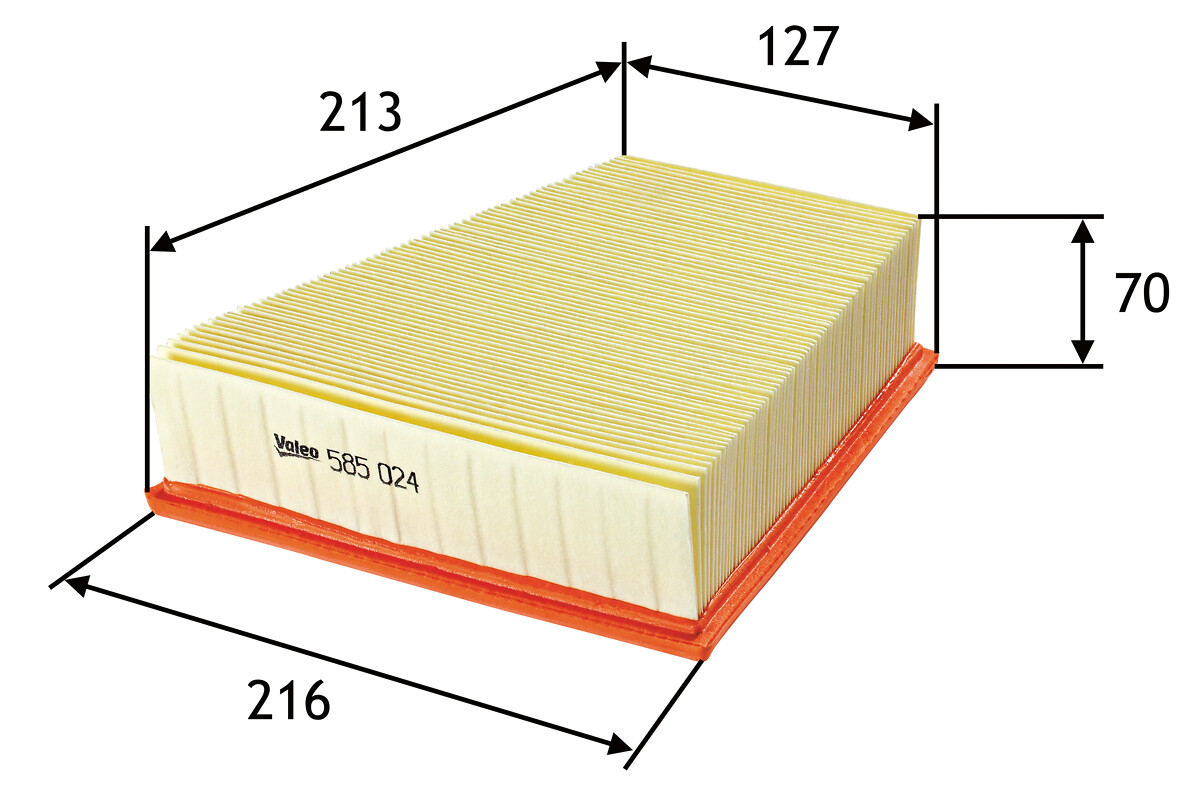 VALEO Luftfilter 585024 Filterindsats length_mm_203|Længde [mm]|213 width_mm_206|Bredde [mm]|220 width_1_mm_818|Bredde 1 [mm]|216 width_2_mm_819|Bredd