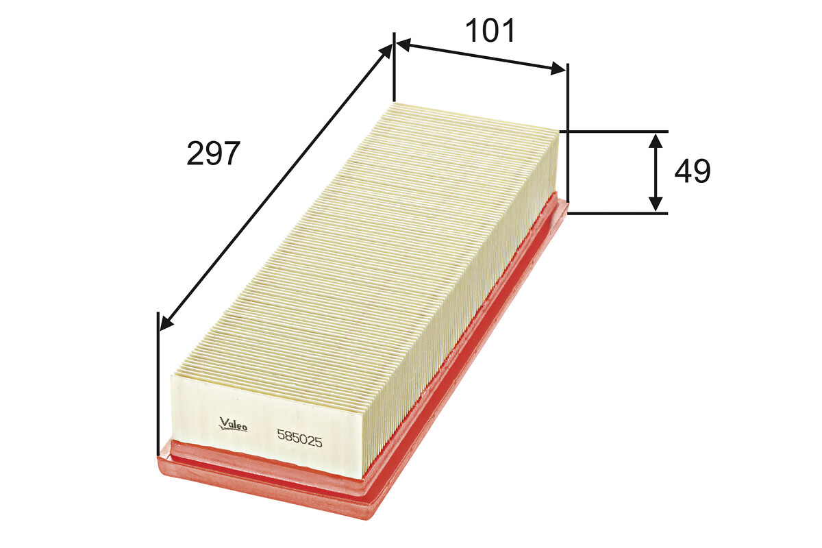 VALEO Luftfilter 585025 Filterindsats length_mm_203|Længde [mm]|297 width_mm_206|Bredde [mm]|102 height_mm_209|Højde [mm]|49 weight_kg_212|Vægt [kg]|0