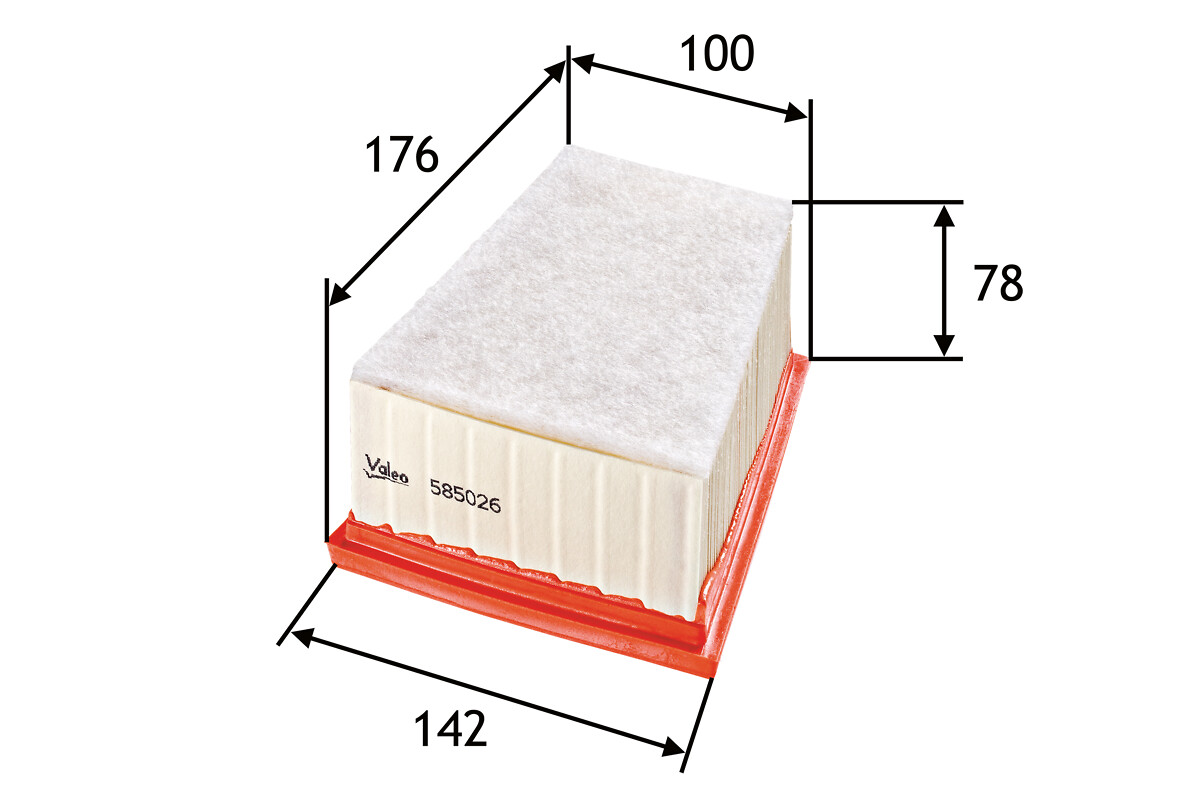 VALEO Luftfilter 585026 Filterindsats length_mm_203|Længde [mm]|176 width_mm_206|Bredde [mm]|142 width_1_mm_818|Bredde 1 [mm]|140 width_2_mm_819|Bredd