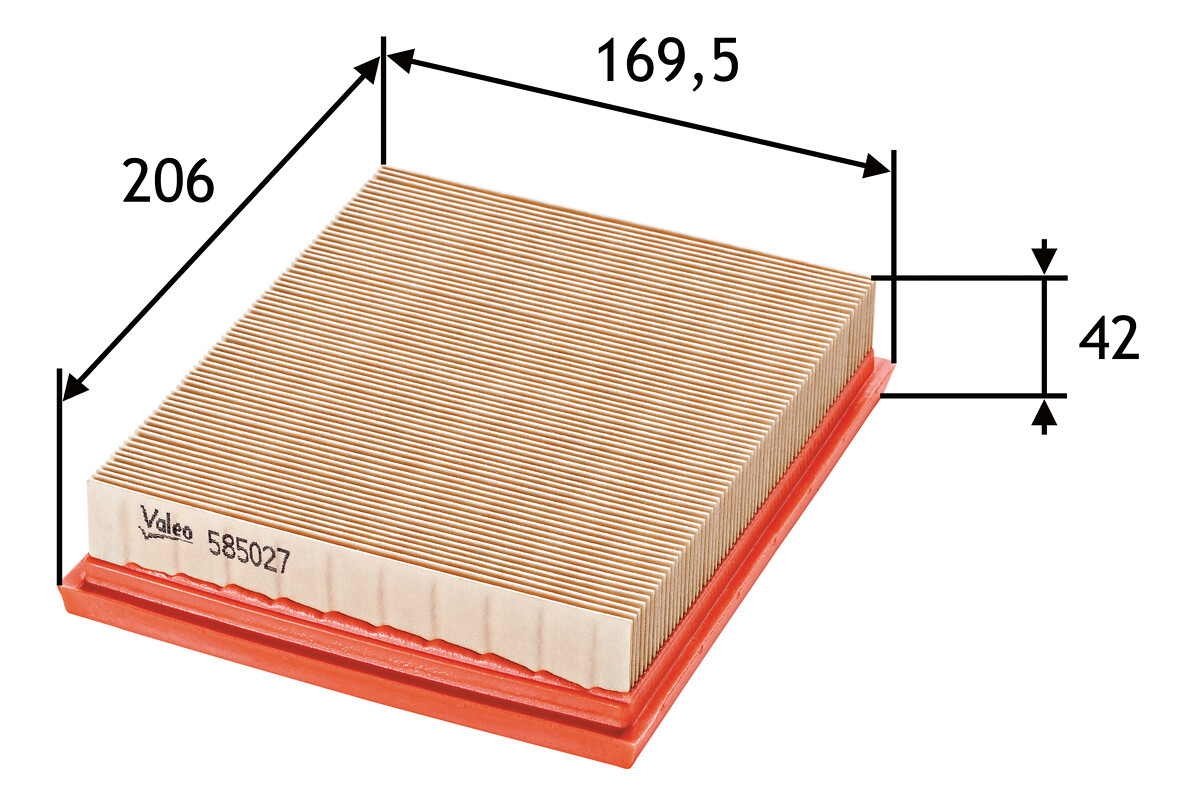 VALEO Luftfilter 585027 Filterindsats length_mm_203|Længde [mm]|206 width_mm_206|Bredde [mm]|170 height_mm_209|Højde [mm]|92 weight_kg_212|Vægt [kg]|0