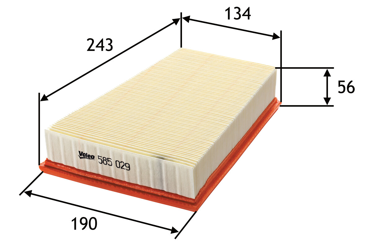 VALEO Luftfilter 585029 Filterindsats length_mm_203|Længde [mm]|243 width_mm_206|Bredde [mm]|192 width_1_mm_818|Bredde 1 [mm]|190 width_2_mm_819|Bredd