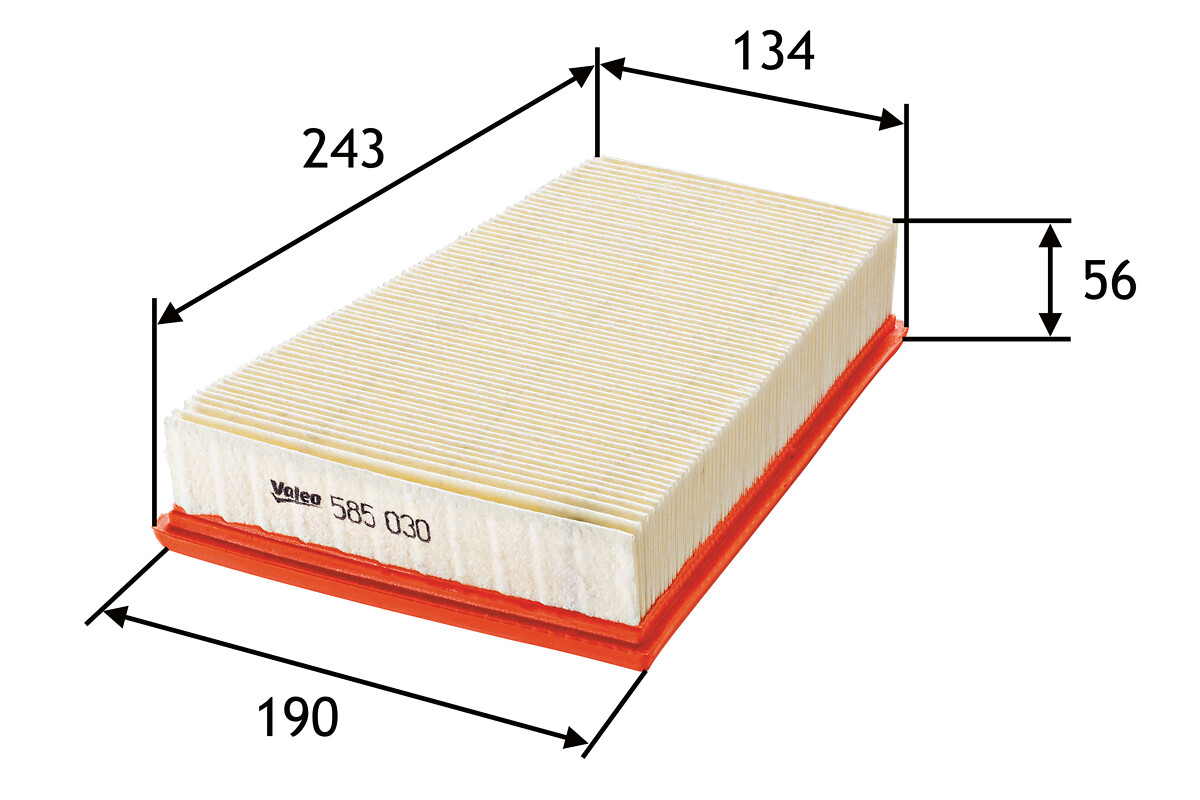 VALEO Luftfilter 585030 Filterindsats length_mm_203|Længde [mm]|243 width_mm_206|Bredde [mm]|192 width_1_mm_818|Bredde 1 [mm]|190 width_2_mm_819|Bredd