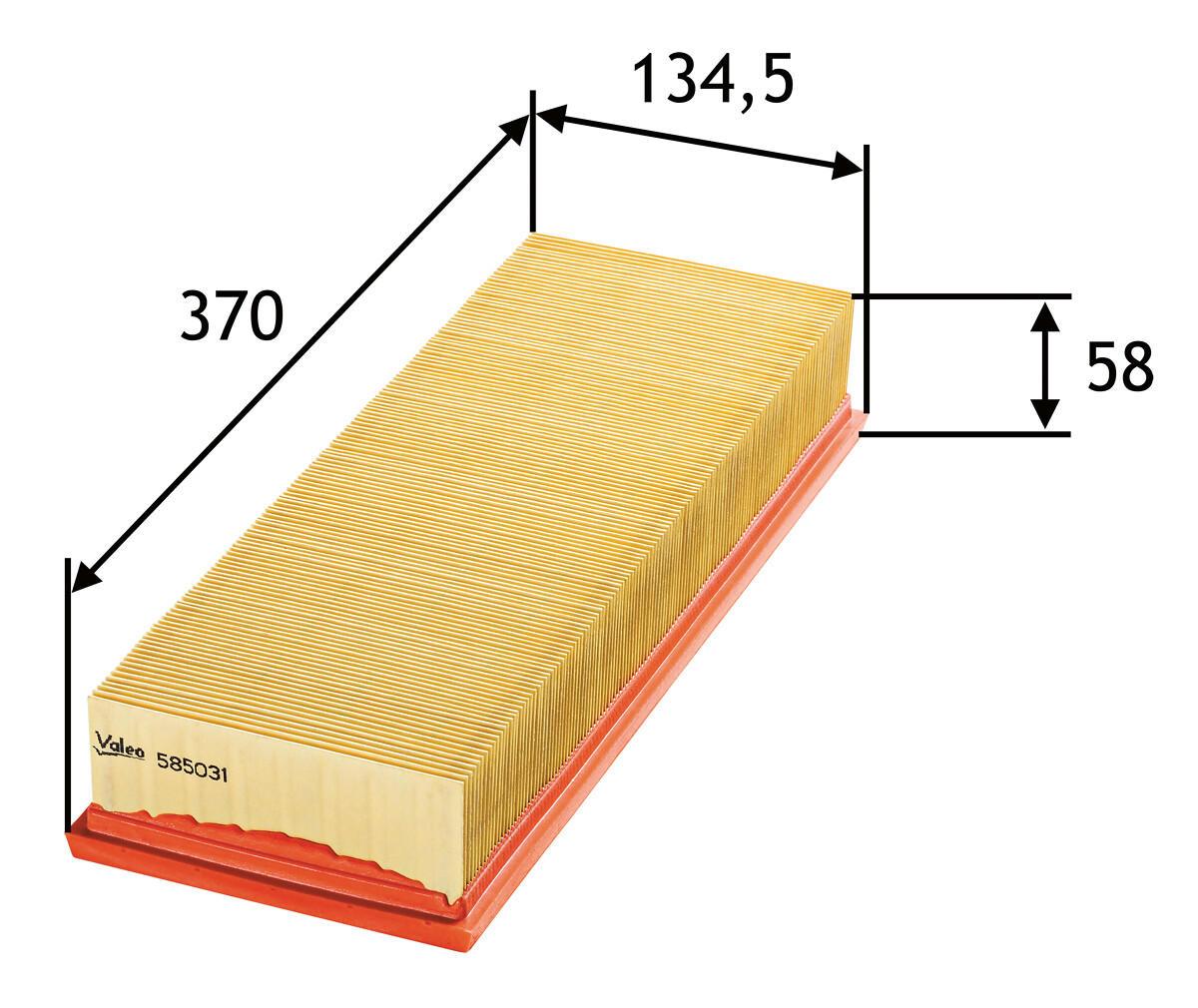 VALEO Luftfilter 585031 Filterindsats length_mm_203|Længde [mm]|370 width_mm_206|Bredde [mm]|135 height_mm_209|Højde [mm]|58 weight_kg_212|Vægt [kg]|0
