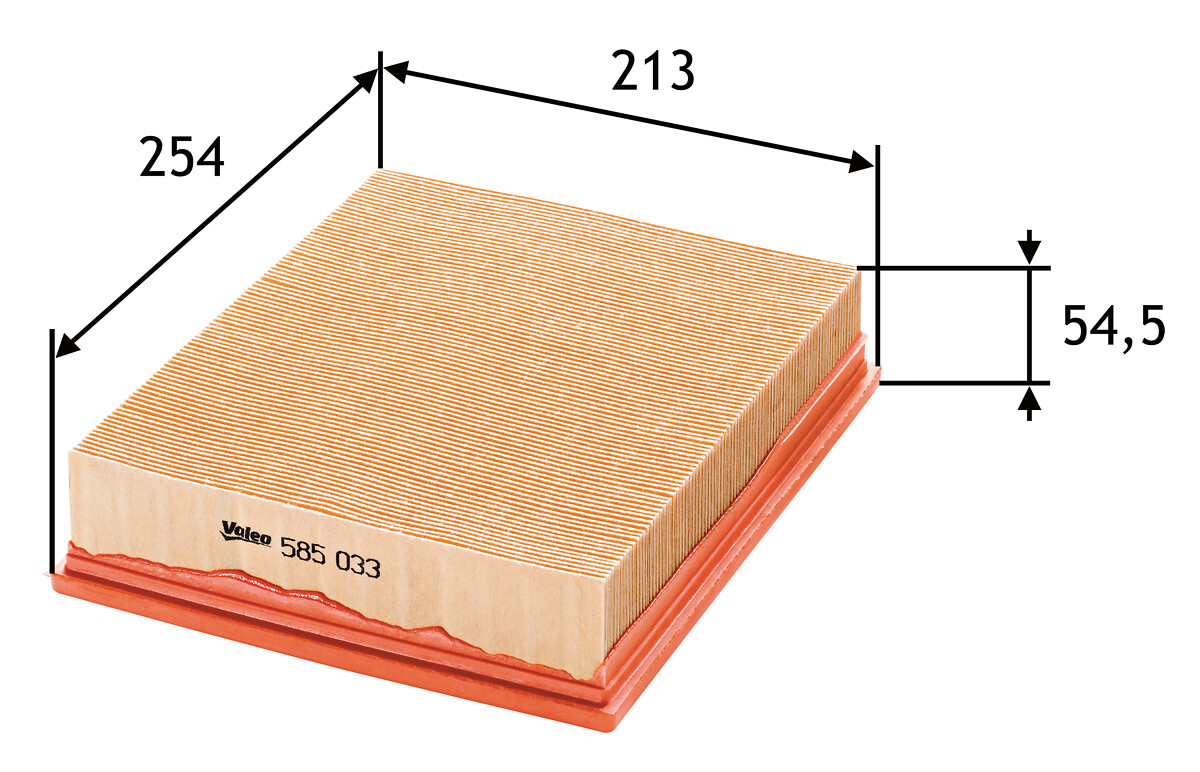VALEO Luftfilter 585033 Filterindsats length_mm_203|Længde [mm]|254 width_mm_206|Bredde [mm]|213 height_mm_209|Højde [mm]|57 weight_kg_212|Vægt [kg]|0