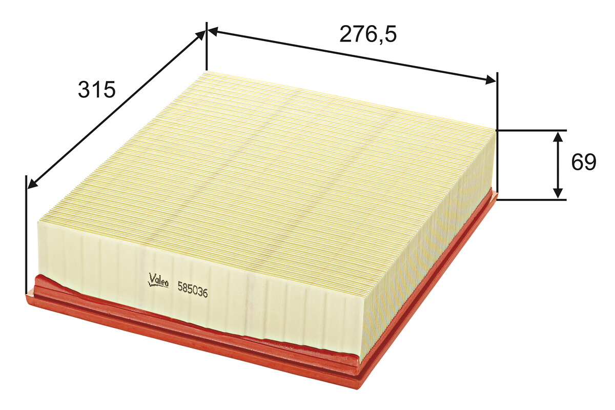 VALEO Luftfilter 585036 Filterindsats length_mm_203|Længde [mm]|315 width_mm_206|Bredde [mm]|277 height_mm_209|Højde [mm]|70 weight_kg_212|Vægt [kg]|0