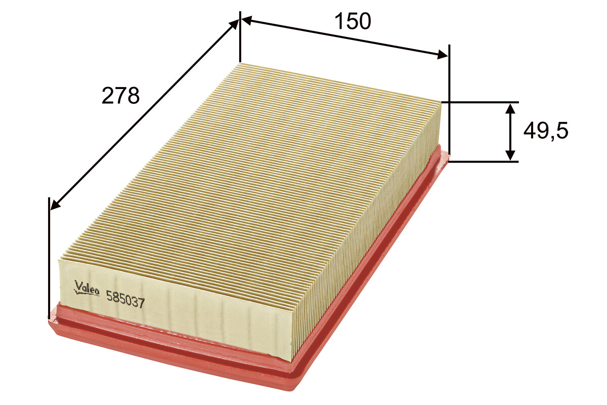 VALEO Luftfilter 585037 Filterindsats length_mm_203|Længde [mm]|278 width_mm_206|Bredde [mm]|150 height_mm_209|Højde [mm]|50 weight_kg_212|Vægt [kg]|0