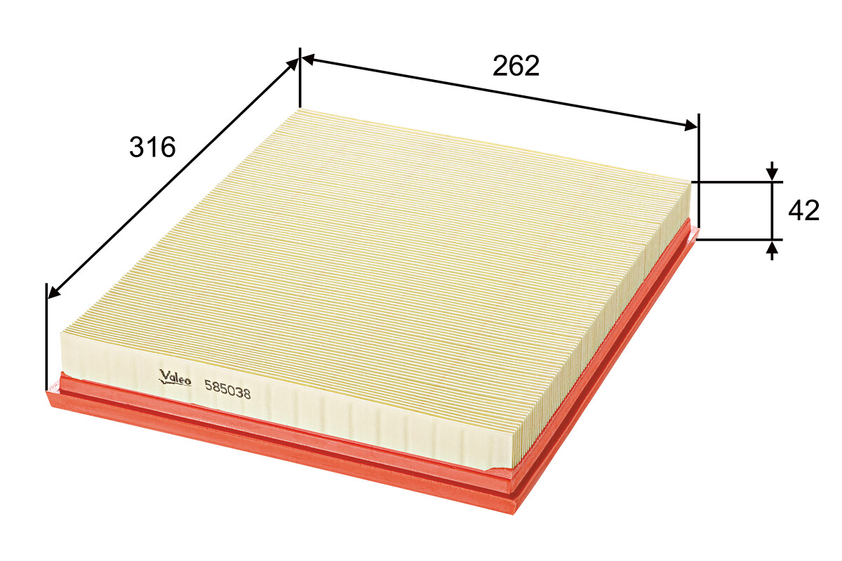 VALEO Luftfilter 585038 Filterindsats length_mm_203|Længde [mm]|316 width_mm_206|Bredde [mm]|262 height_mm_209|Højde [mm]|41 weight_kg_212|Vægt [kg]|0