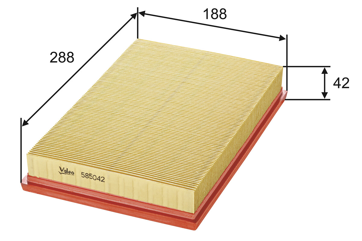 VALEO Luftfilter 585042 Filterindsats length_mm_203|Længde [mm]|288 width_mm_206|Bredde [mm]|188 height_mm_209|Højde [mm]|42 weight_kg_212|Vægt [kg]|0