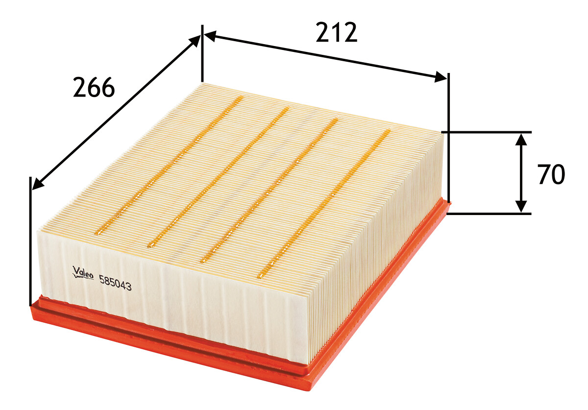 VALEO Luftfilter 585043 Filterindsats length_mm_203|Længde [mm]|266 width_mm_206|Bredde [mm]|213 height_mm_209|Højde [mm]|70 weight_kg_212|Vægt [kg]|0