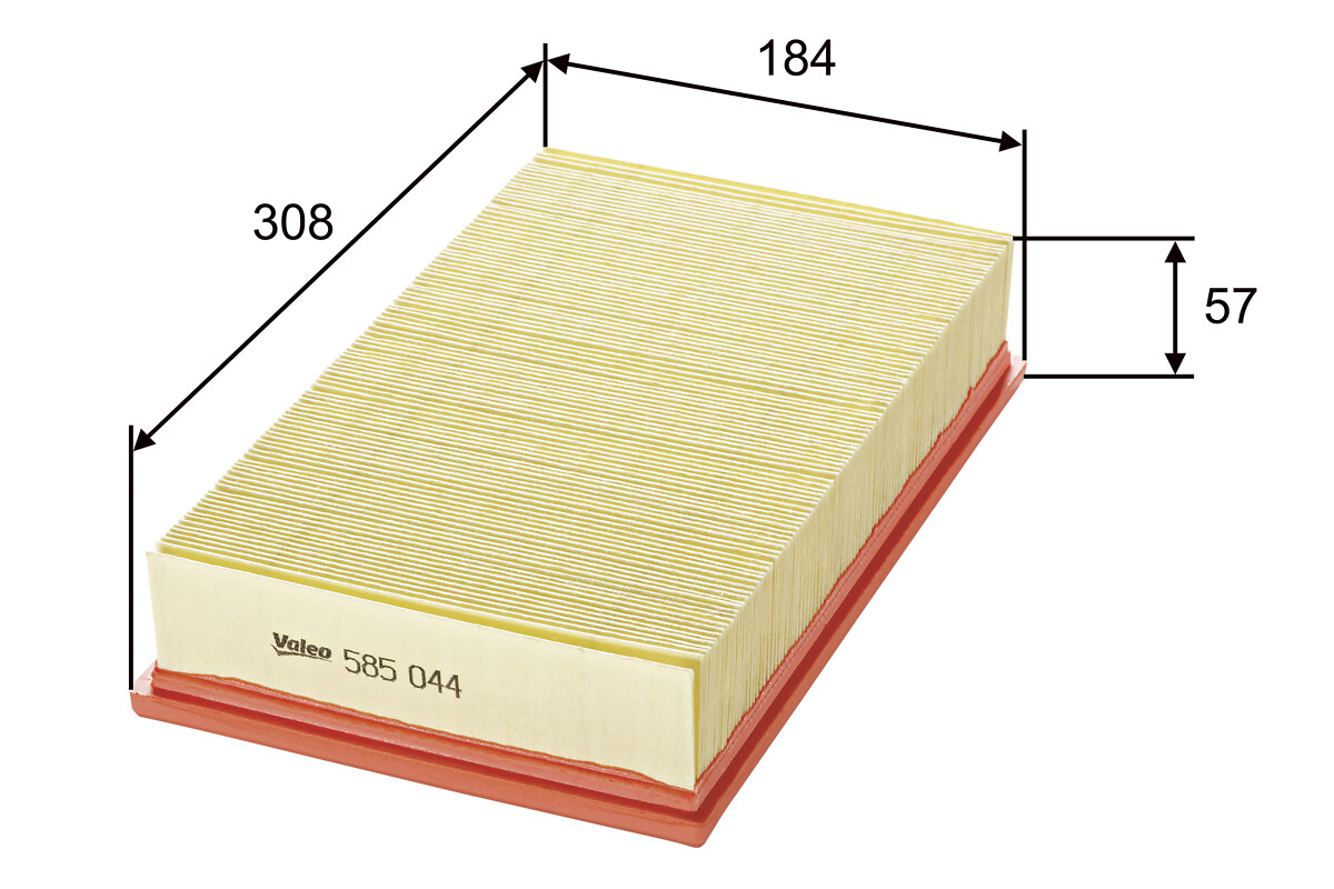 VALEO Luftfilter 585044 Filterindsats length_mm_203|Længde [mm]|308 width_mm_206|Bredde [mm]|184 height_mm_209|Højde [mm]|57 weight_kg_212|Vægt [kg]|0