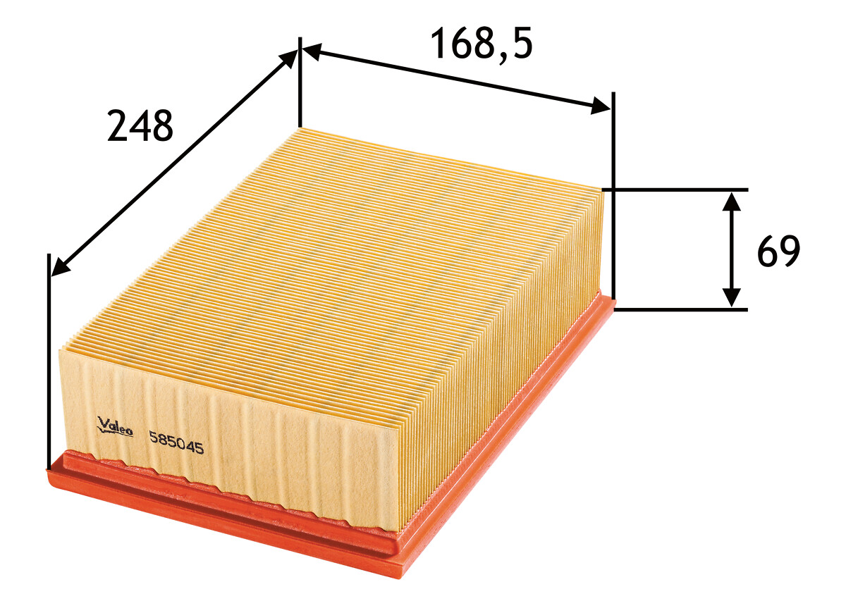 VALEO Luftfilter 585045 Filterindsats length_mm_203|Længde [mm]|246 width_mm_206|Bredde [mm]|168 height_mm_209|Højde [mm]|50 weight_kg_212|Vægt [kg]|0