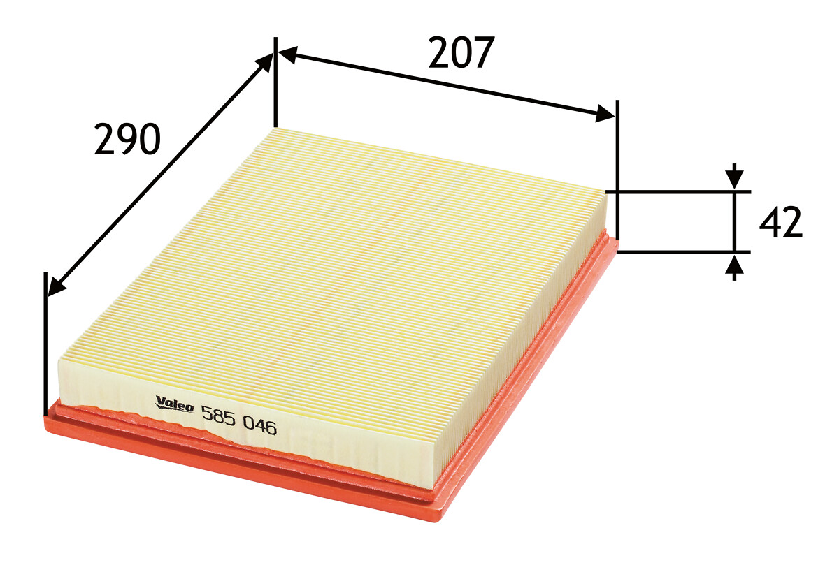 VALEO Luftfilter 585046 Filterindsats length_mm_203|Længde [mm]|290 width_mm_206|Bredde [mm]|206 height_mm_209|Højde [mm]|42 weight_kg_212|Vægt [kg]|0