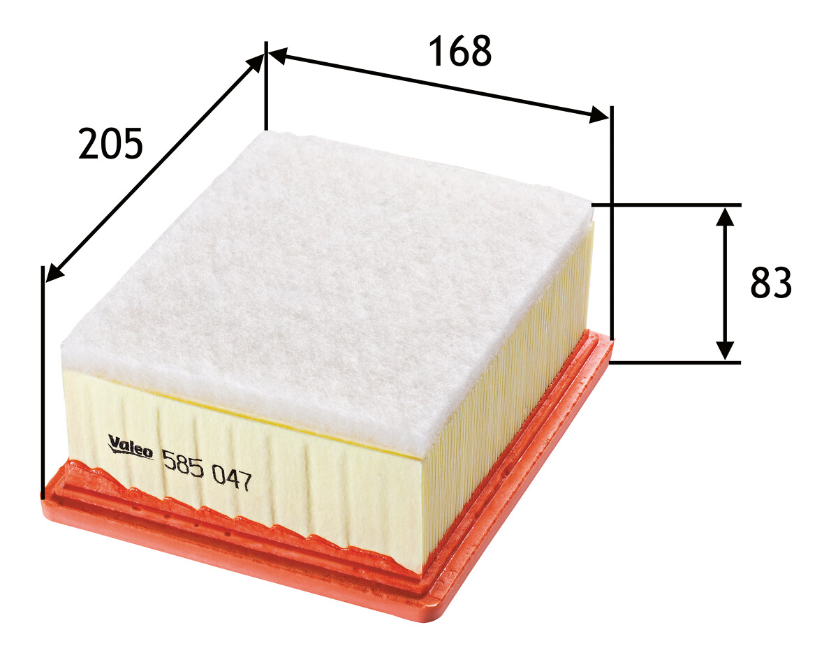 VALEO Luftfilter 585047 Filterindsats length_mm_203|Længde [mm]|207 width_mm_206|Bredde [mm]|169 height_mm_209|Højde [mm]|70 supplementary_articleinfo