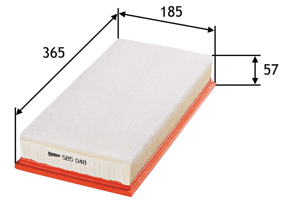 VALEO Luftfilter 585048 Filterindsats length_mm_203|Længde [mm]|365 width_mm_206|Bredde [mm]|185 height_mm_209|Højde [mm]|57 supplementary_articleinfo