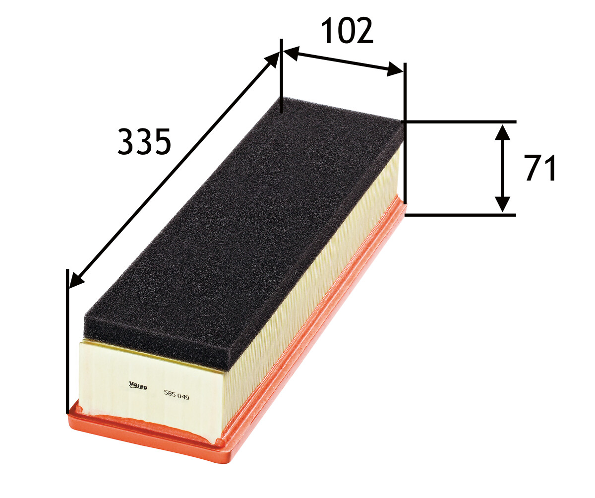 VALEO Luftfilter 585049 Filterindsats length_mm_203|Længde [mm]|335 width_mm_206|Bredde [mm]|102 height_mm_209|Højde [mm]|58 supplementary_articleinfo
