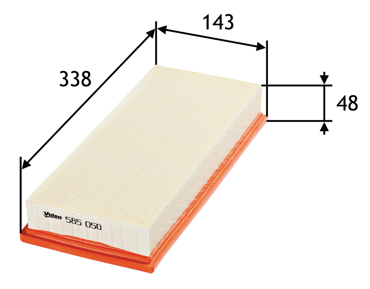 VALEO Luftfilter 585050 Filterindsats length_mm_203|Længde [mm]|340 width_mm_206|Bredde [mm]|143 height_mm_209|Højde [mm]|50 weight_kg_212|Vægt [kg]|0