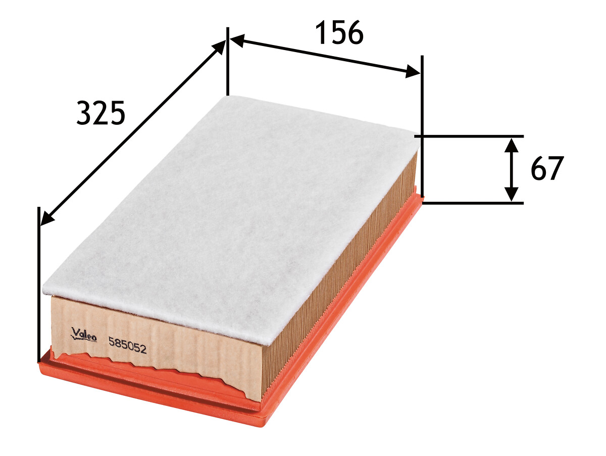 VALEO Luftfilter 585052 Filterindsats length_mm_203|Længde [mm]|325 width_mm_206|Bredde [mm]|150 height_mm_209|Højde [mm]|57 supplementary_articleinfo