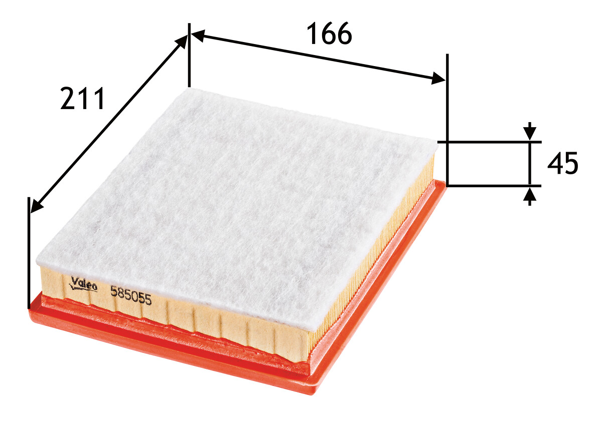 VALEO Luftfilter 585055 Filterindsats length_mm_203|Længde [mm]|211 width_mm_206|Bredde [mm]|166 height_mm_209|Højde [mm]|37 supplementary_articleinfo