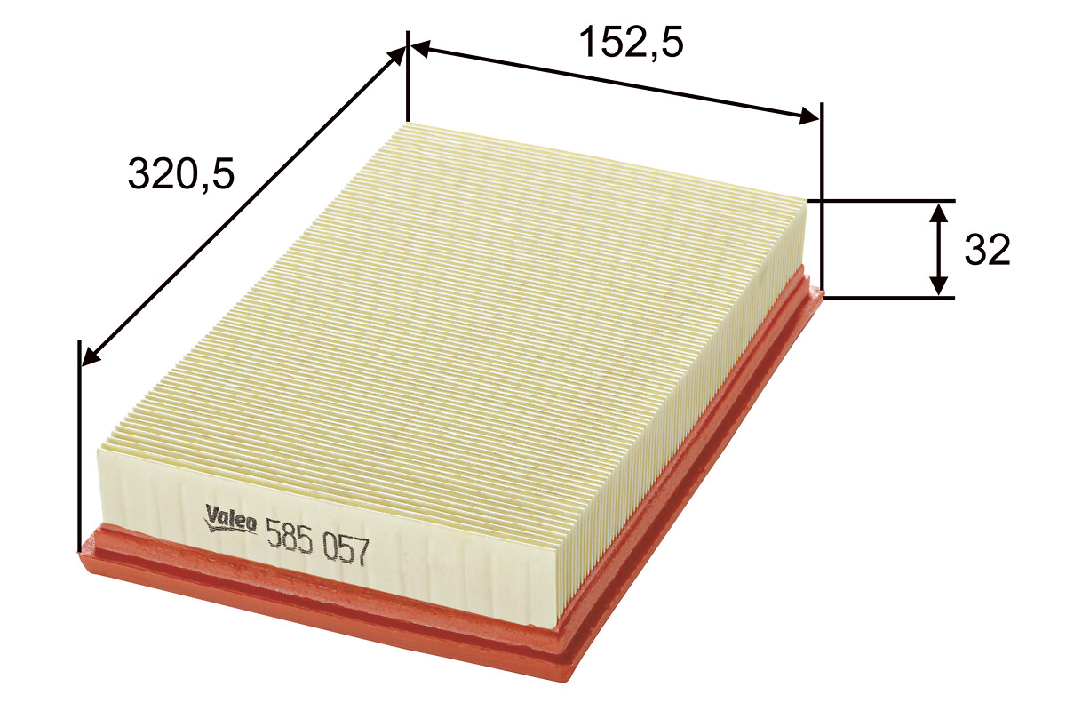 VALEO Luftfilter 585057 Filterindsats length_mm_203|Længde [mm]|280 width_mm_206|Bredde [mm]|180 height_mm_209|Højde [mm]|57 weight_kg_212|Vægt [kg]|0