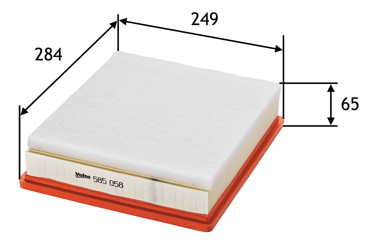 VALEO Luftfilter 585058 Filterindsats length_mm_203|Længde [mm]|285 width_mm_206|Bredde [mm]|249 height_mm_209|Højde [mm]|73 supplementary_articleinfo