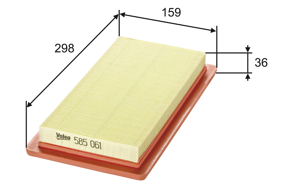 VALEO Luftfilter 585061 Filterindsats length_mm_203|Længde [mm]|298 width_mm_206|Bredde [mm]|158 height_mm_209|Højde [mm]|37 weight_kg_212|Vægt [kg]|0