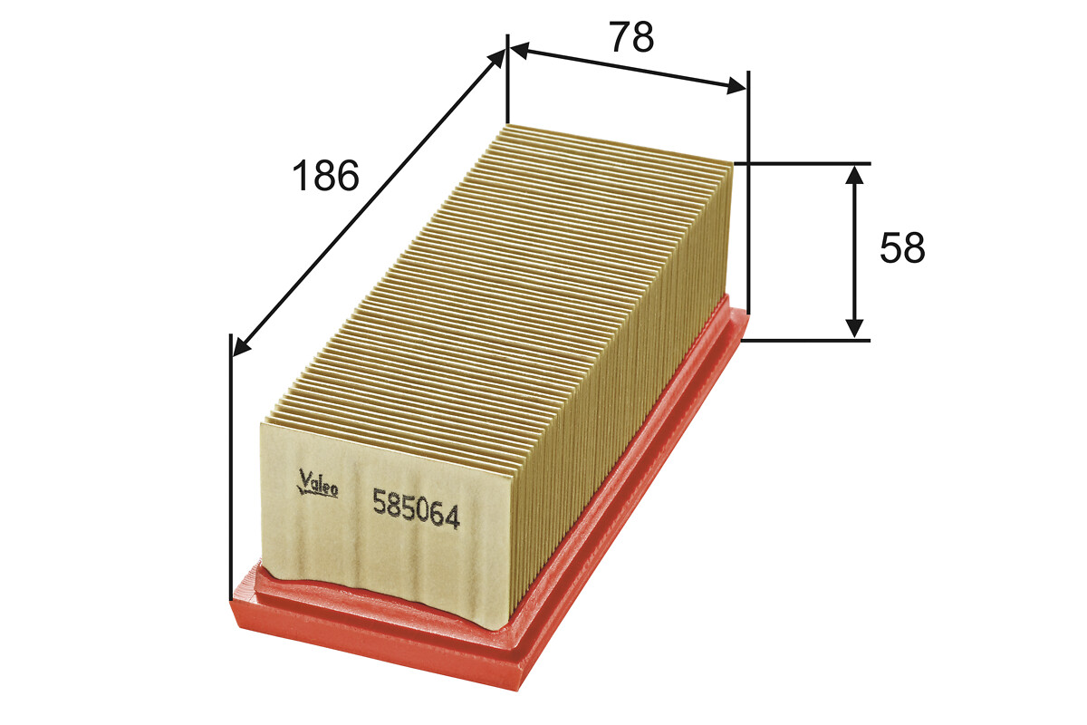 VALEO Luftfilter 585064 Filterindsats length_mm_203|Længde [mm]|186 width_mm_206|Bredde [mm]|78 height_mm_209|Højde [mm]|58 weight_kg_212|Vægt [kg]|0,