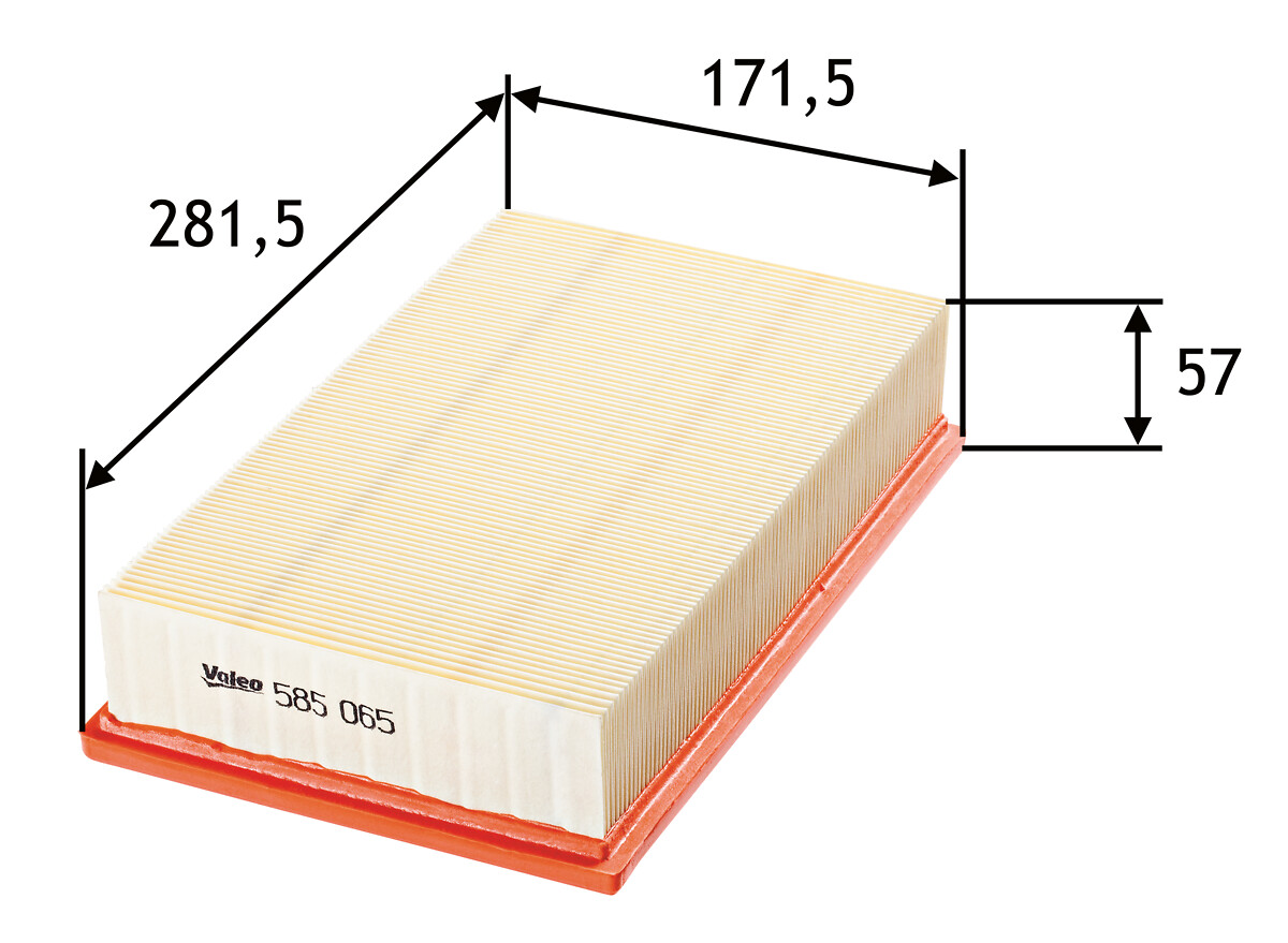 VALEO Luftfilter 585065 Filterindsats length_mm_203|Længde [mm]|267 width_mm_206|Bredde [mm]|172 height_mm_209|Højde [mm]|50 weight_kg_212|Vægt [kg]|0