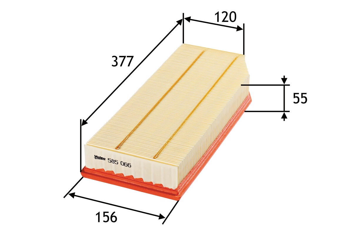 VALEO Luftfilter 585066 Filterindsats length_mm_203|Længde [mm]|378 width_mm_206|Bredde [mm]|156 width_1_mm_818|Bredde 1 [mm]|156 width_2_mm_819|Bredd