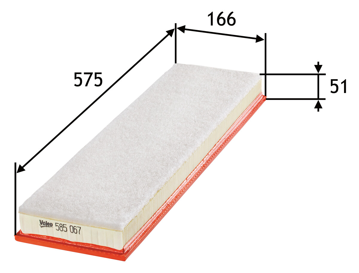 VALEO Luftfilter 585067 Filterindsats length_mm_203|Længde [mm]|576 width_mm_206|Bredde [mm]|166 height_mm_209|Højde [mm]|49 supplementary_articleinfo
