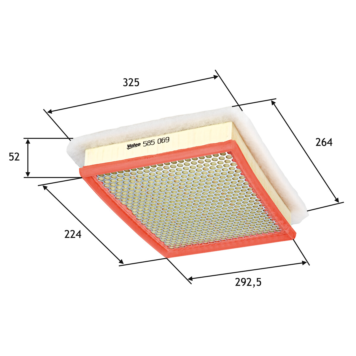 VALEO Luftfilter 585069 Filterindsats length_mm_203|Længde [mm]|293 width_mm_206|Bredde [mm]|224 height_mm_209|Højde [mm]|52 supplementary_articleinfo