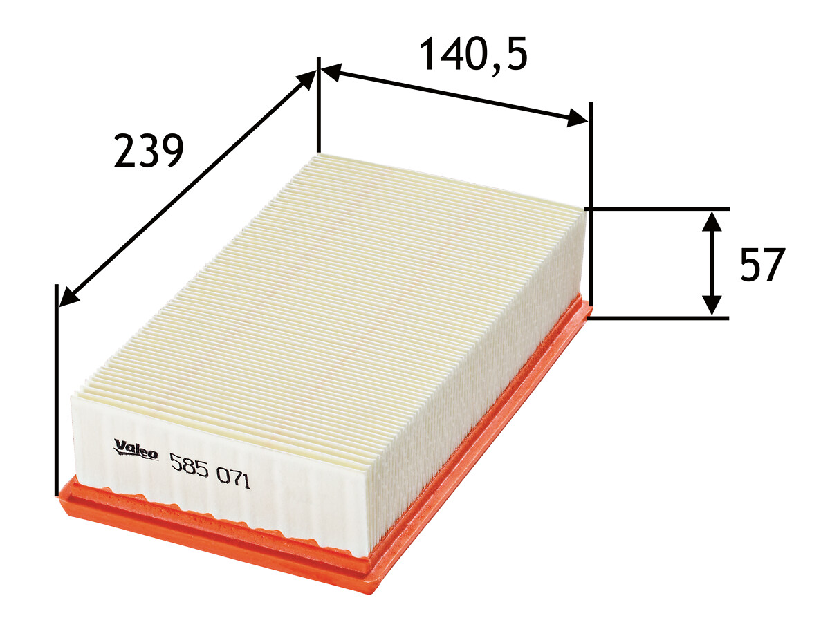 VALEO Luftfilter 585071 Filterindsats length_mm_203|Længde [mm]|239 width_mm_206|Bredde [mm]|141 height_mm_209|Højde [mm]|58 weight_kg_212|Vægt [kg]|0