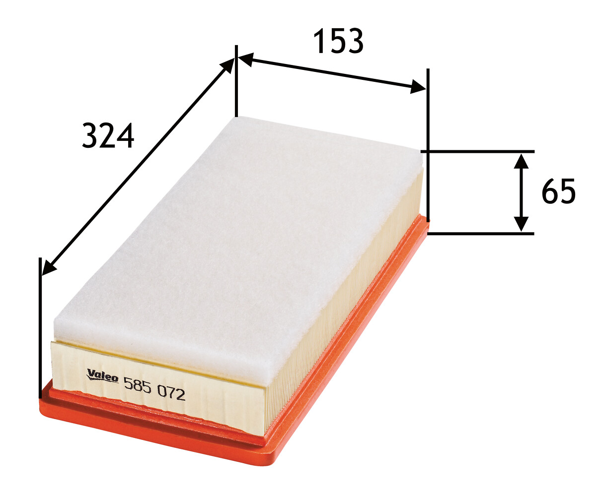 VALEO Luftfilter 585072 Filterindsats length_mm_203|Længde [mm]|322 width_mm_206|Bredde [mm]|152 height_mm_209|Højde [mm]|59 supplementary_articleinfo
