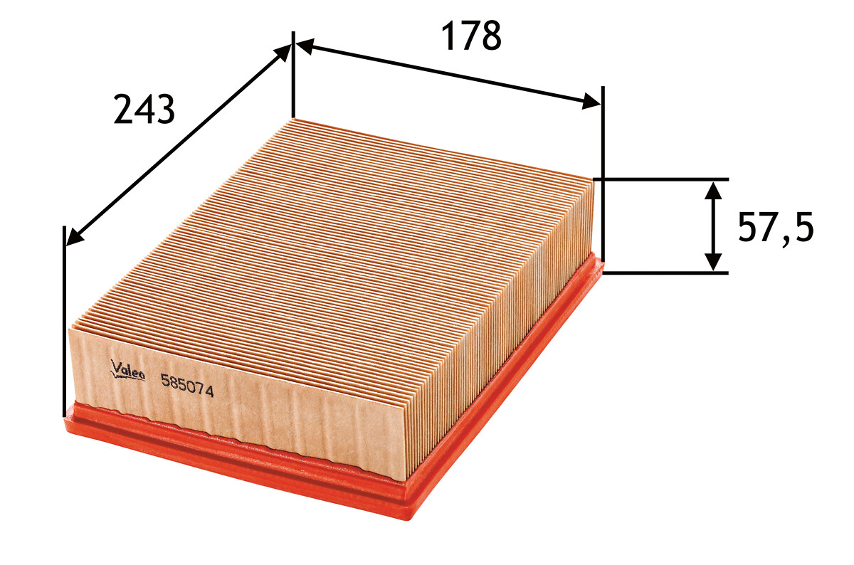 VALEO Luftfilter 585074 Filterindsats length_mm_203|Længde [mm]|235 width_mm_206|Bredde [mm]|176 height_mm_209|Højde [mm]|57 weight_kg_212|Vægt [kg]|0