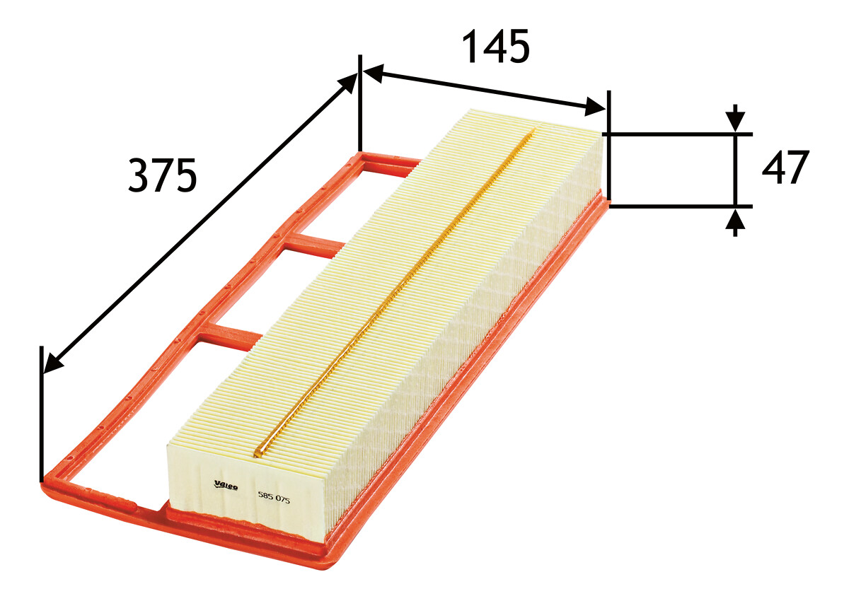 VALEO Luftfilter 585075 Filterindsats length_mm_203|Længde [mm]|377 width_mm_206|Bredde [mm]|148 width_1_mm_818|Bredde 1 [mm]|145 width_2_mm_819|Bredd