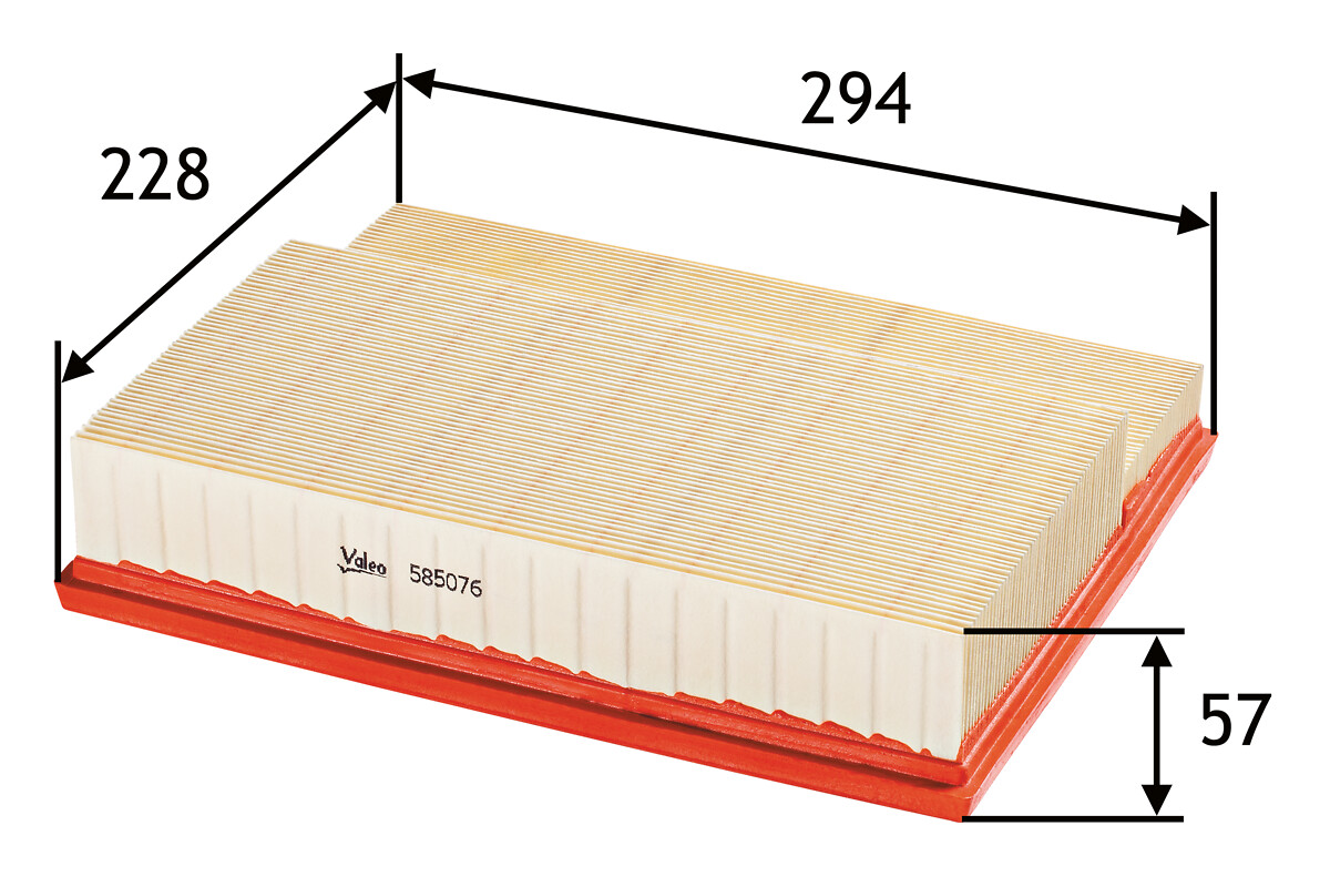 VALEO Luftfilter 585076 Filterindsats length_mm_203|Længde [mm]|294 width_mm_206|Bredde [mm]|228 height_mm_209|Højde [mm]|58 weight_kg_212|Vægt [kg]|0