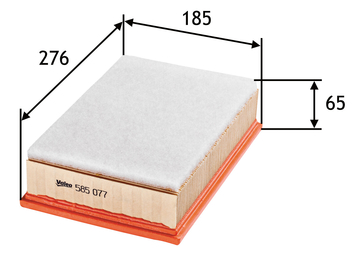 VALEO Luftfilter 585077 Filterindsats length_mm_203|Længde [mm]|275 width_mm_206|Bredde [mm]|185 height_mm_209|Højde [mm]|57 supplementary_articleinfo