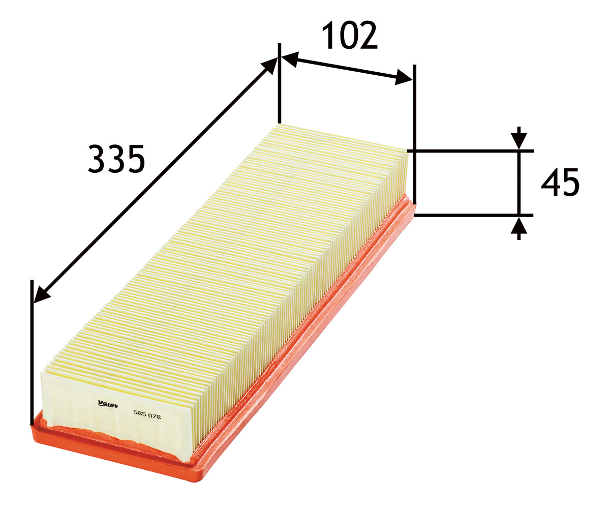 VALEO Luftfilter 585078 Filterindsats length_mm_203|Længde [mm]|335 width_mm_206|Bredde [mm]|102 height_mm_209|Højde [mm]|58 weight_kg_212|Vægt [kg]|0