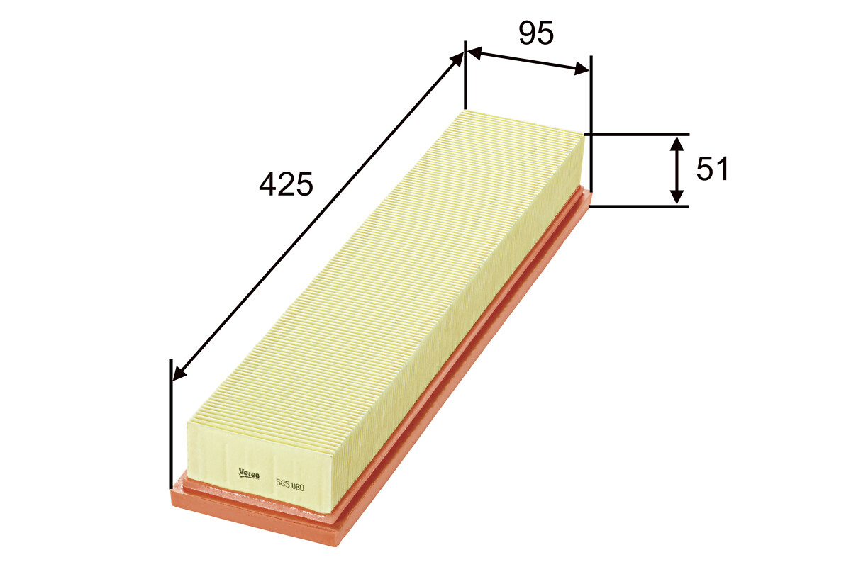 VALEO Luftfilter 585080 Filterindsats length_mm_203|Længde [mm]|425 width_mm_206|Bredde [mm]|95 height_mm_209|Højde [mm]|46 weight_kg_212|Vægt [kg]|0,
