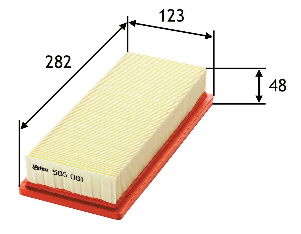 VALEO Luftfilter 585081 Filterindsats length_mm_203|Længde [mm]|280 width_mm_206|Bredde [mm]|122 height_mm_209|Højde [mm]|50 weight_kg_212|Vægt [kg]|0