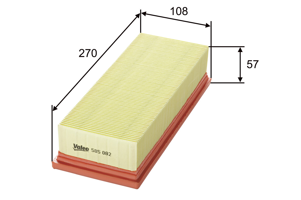 VALEO Luftfilter 585082 Filterindsats length_mm_203|Længde [mm]|268 width_mm_206|Bredde [mm]|108 height_mm_209|Højde [mm]|57 weight_kg_212|Vægt [kg]|1