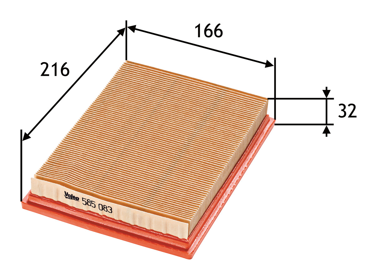VALEO Luftfilter 585083 Filterindsats length_mm_203|Længde [mm]|217 width_mm_206|Bredde [mm]|168 height_mm_209|Højde [mm]|34 weight_kg_212|Vægt [kg]|0