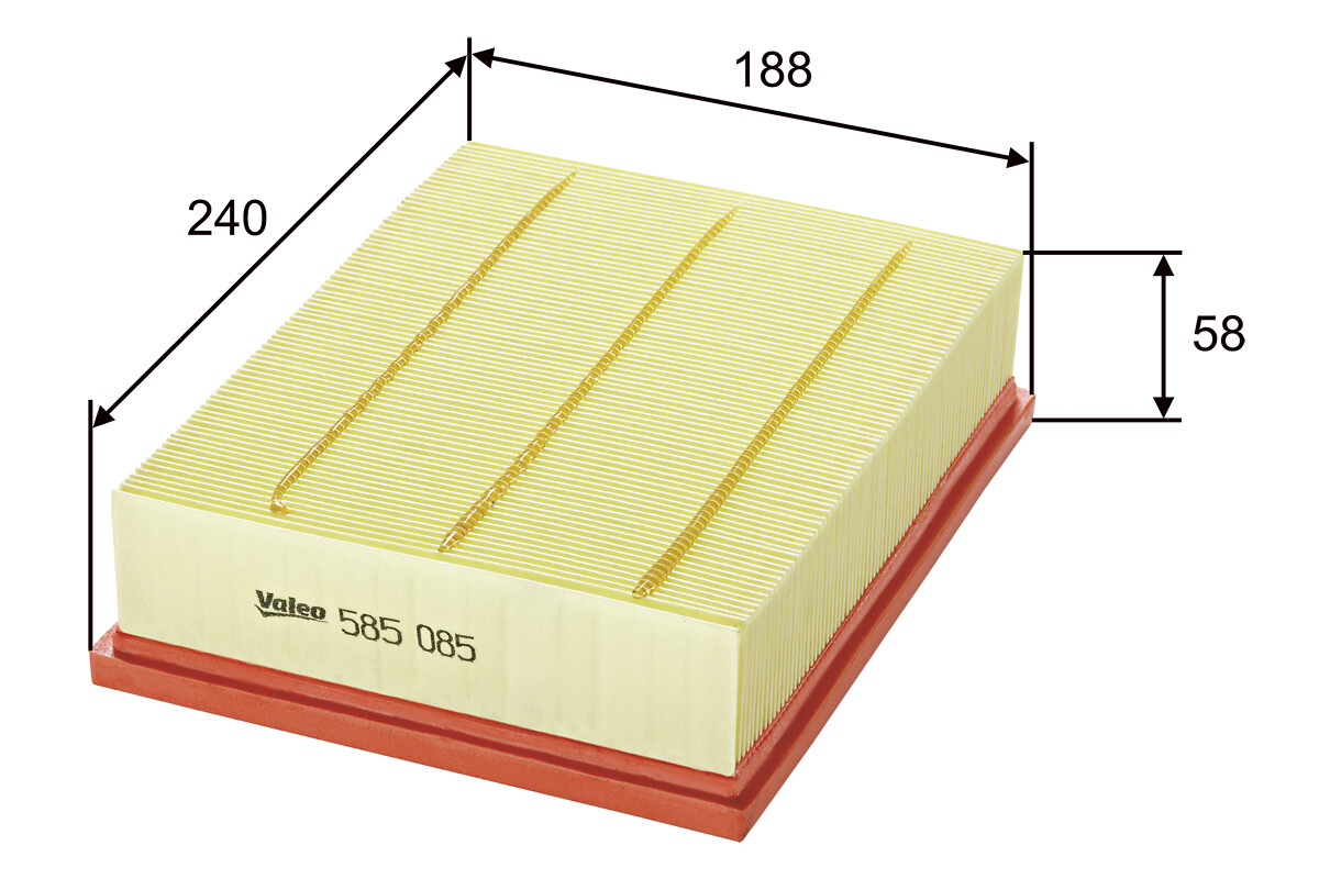 VALEO Luftfilter 585085 Filterindsats length_mm_203|Længde [mm]|242 width_mm_206|Bredde [mm]|188 height_mm_209|Højde [mm]|58 weight_kg_212|Vægt [kg]|0